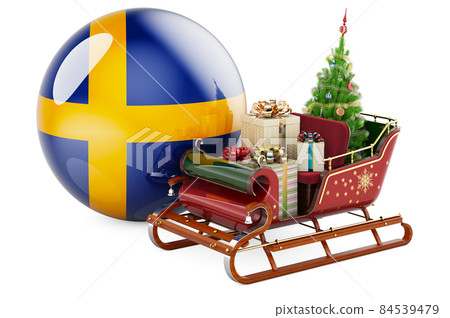 Christmas in Sweden, concept. Christmas Santa sleigh full of gifts with Swedish flag. 3D rendering Christmas in Sweden, concept. Christmas Santa sleigh full of gifts with Swedish flag. 3D rendering 84539479