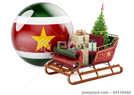 Christmas in Suriname, concept. Christmas Santa sleigh full of gifts with Surinamese flag. 3D rendering Christmas in Suriname, concept. Christmas Santa sleigh full of gifts with Surinamese flag. 3D rendering 84539480