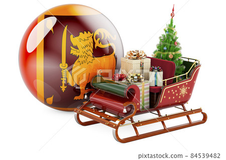 Christmas in Sri Lanka, concept. Christmas Santa sleigh full of gifts with Sri Lankan flag. 3D rendering Christmas in Sri Lanka, concept. Christmas Santa sleigh full of gifts with Sri Lankan flag. 3D rendering 84539482