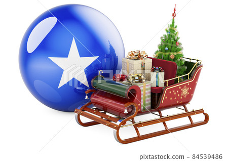 Christmas in Somalia, concept. Christmas Santa sleigh full of gifts with Somali flag. 3D rendering Christmas in Somalia, concept. Christmas Santa sleigh full of gifts with Somali flag. 3D rendering 84539486