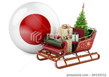 Christmas in Japan, concept. Christmas Santa sleigh full of gifts with Japanese flag. 3D rendering Christmas in Japan, concept. Christmas Santa sleigh full of gifts with Japanese flag. 3D rendering 84539532