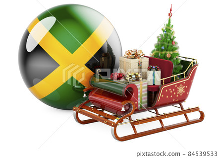 Christmas in Jamaica, concept. Christmas Santa sleigh full of gifts with Jamaican flag. 3D rendering 84539533