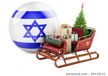 Christmas in Israel, concept. Christmas Santa sleigh full of gifts with Israeli flag. 3D rendering Christmas in Israel, concept. Christmas Santa sleigh full of gifts with Israeli flag. 3D rendering 84539535