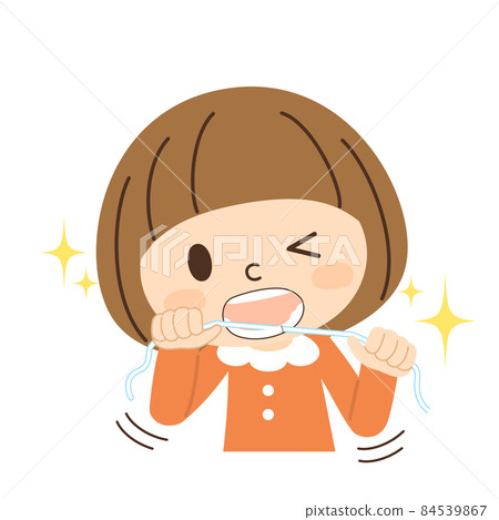 用牙線清潔牙齒的女孩 84539867