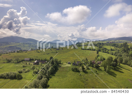 Aerial view of green Carpathian mountains covered with evergreen spruce pine foreston summer sunny day. 84540430