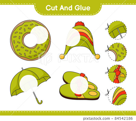 Cut and glue, cut parts of Donut, Slippers, Umbrella, Hat and glue them. Educational children game, printable worksheet, vector illustration Cut and glue, cut parts of Donut, Slippers, Umbrella, Hat and glue them. Educational children game, printable worksheet, vector illustration 84542186