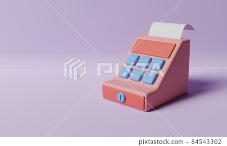 Cash register on purple background. Business and commerce concept. 3D illustration rendering Cash register on purple background. Business and commerce concept. 3D illustration rendering 84543302