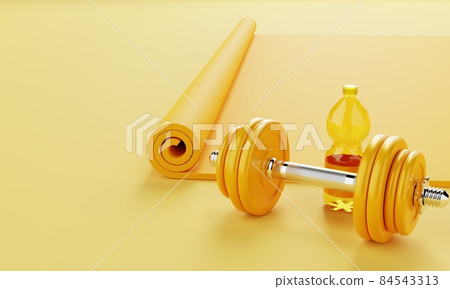 Sport fitness set with yoga mat drinking water bottle and dumbbell on pastel yellow background. Fitness and sport concept. Monocolor. 3D illustration rendering 84543313