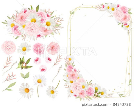 Antique gold frameset vector illustration with elegant pink roses and daisies 84543728