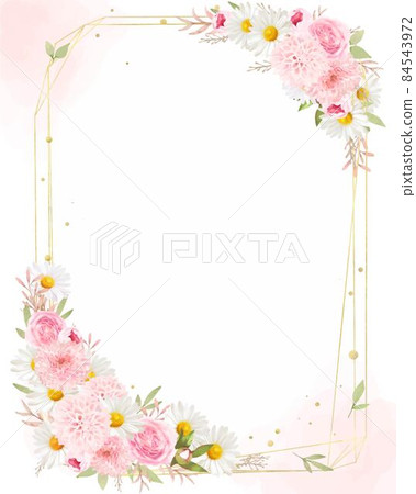 Antique gold frame vector illustration with elegant pink roses and daisies 84543972