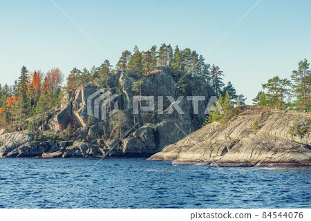 Trees on the cliffs of Lake Ladoga at autumn evening. Republic of Karelia. 84544076