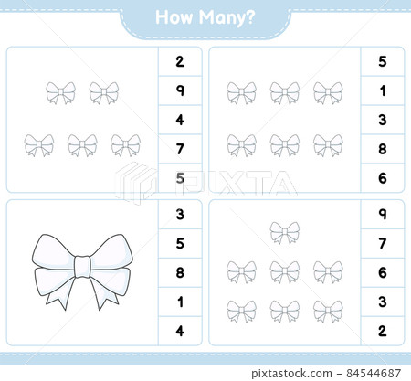Counting game, how many Ribbon. Educational children game, printable worksheet, vector illustration Counting game, how many Ribbon. Educational children game, printable worksheet, vector illustration 84544687
