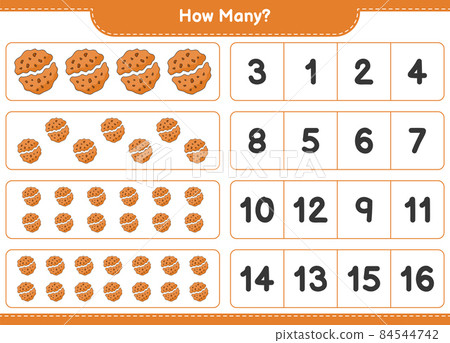 Counting game, how many Cookie. Educational children game, printable worksheet, vector illustration 84544742