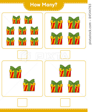 Counting game, how many Gift Box. Educational children game, printable worksheet, vector illustration Counting game, how many Gift Box. Educational children game, printable worksheet, vector illustration 84544763