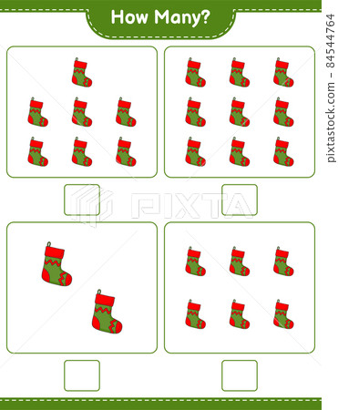 Counting game, how many Christmas Sock. Educational children game, printable worksheet, vector illustration 84544764