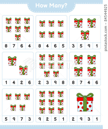 Counting game, how many Gift Box. Educational children game, printable worksheet, vector illustration Counting game, how many Gift Box. Educational children game, printable worksheet, vector illustration 84544925
