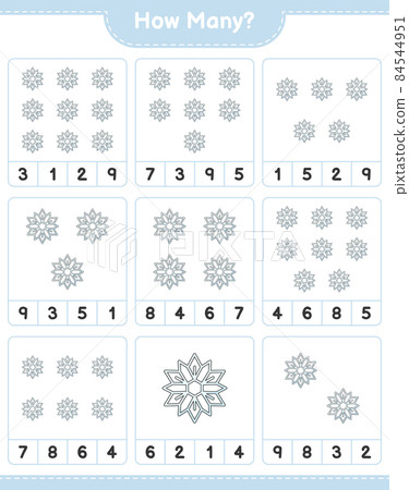 Counting game, how many Snowflake. Educational children game, printable worksheet, vector illustration Counting game, how many Snowflake. Educational children game, printable worksheet, vector illustration 84544951