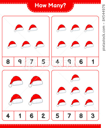 Counting game, how many Santa Hat. Educational children game, printable worksheet, vector illustration Counting game, how many Santa Hat. Educational children game, printable worksheet, vector illustration 84544976