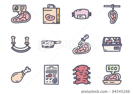 Butcher shop color vector doodle simple icon set 84545288