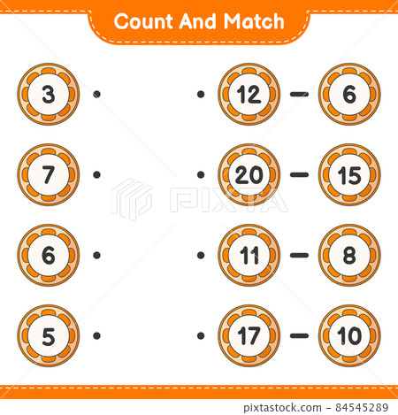 Count and match, count the number of Orange and match with the right numbers. Educational children game, printable worksheet, vector illustration 84545289