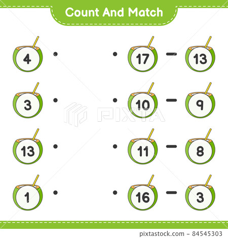 Count and match, count the number of Coconut and match with the right numbers. Educational children game, printable worksheet, vector illustration Count and match, count the number of Coconut and match with the right numbers. Educational children game, printable worksheet, vector illustration 84545303