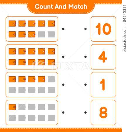 Count and match, count the number of Wallet and match with the right numbers. Educational children game, printable worksheet, vector illustration 84545352