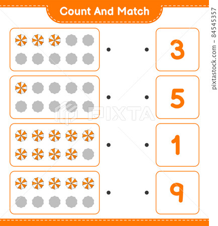 Count and match, count the number of Beach Umbrella and match with the right numbers. Educational children game, printable worksheet, vector illustration Count and match, count the number of Beach Umbrella and match with the right numbers. Educational children game, printable worksheet, vector illustration 84545357