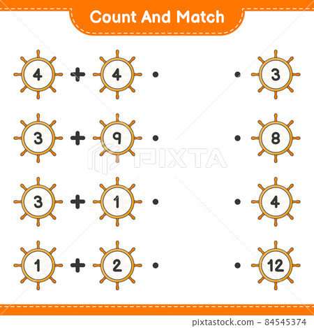 Count and match, count the number of Ship Steering Wheel and match with the right numbers. Educational children game, printable worksheet, vector illustration Count and match, count the number of Ship Steering Wheel and match with the right numbers. Educational children game, printable worksheet, vector illustration 84545374