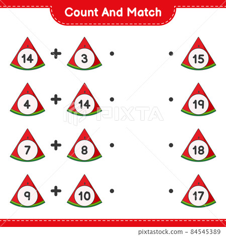 Count and match, count the number of Watermelon and match with the right numbers. Educational children game, printable worksheet, vector illustration Count and match, count the number of Watermelon and match with the right numbers. Educational children game, printable worksheet, vector illustration 84545389
