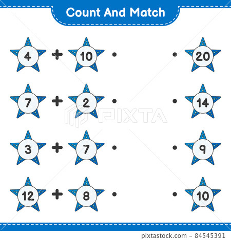 Count and match, count the number of Starfish and match with the right numbers. Educational children game, printable worksheet, vector illustration Count and match, count the number of Starfish and match with the right numbers. Educational children game, printable worksheet, vector illustration 84545391