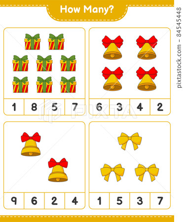Counting game, how many Christmas Bell, Ribbon, and Gift Box. Educational children game, printable worksheet, vector illustration Counting game, how many Christmas Bell, Ribbon, and Gift Box. Educational children game, printable worksheet, vector illustration 84545448