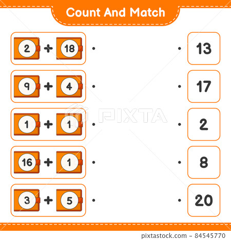 Count and match, count the number of Wallet and match with the right numbers. Educational children game, printable worksheet, vector illustration 84545770
