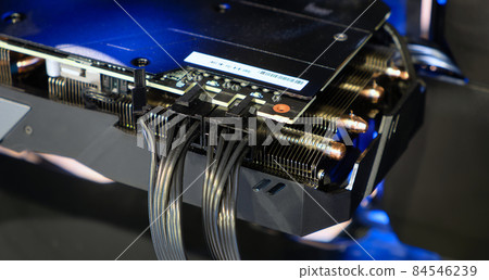 Close-up and selective focus black cables connect with socket on Computer Graphic Card and LED light show status on working mode Close-up and selective focus black cables connect with socket on Computer Graphic Card and LED light show status on working mode 84546239