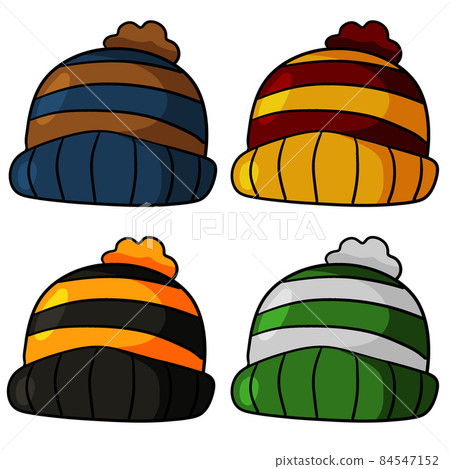 Children striped hat with pompom. Winter knitted clothes. Cartoon outline illustration Children striped hat with pompom. Winter knitted clothes. Cartoon outline illustration 84547152