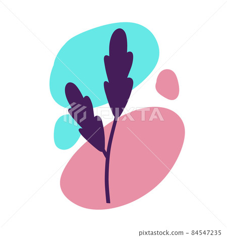 Plant on background of colored spots. Purple botanical branch and red and blue geometric abstract pattern in a minimalist style. Doodle object Plant on background of colored spots. Purple botanical branch and red and blue geometric abstract pattern in a minimalist style. Doodle object 84547235