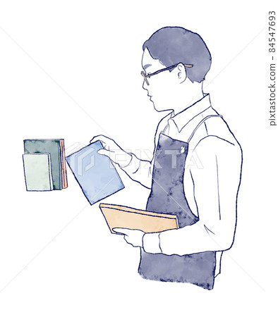A clerk at a bookstore lining up books, an Asian man in an apron, watercolor and ink hand-drawn illustrations of the upper body, work A clerk at a bookstore lining up books, an Asian man in an apron, watercolor and ink hand-drawn illustrations of the upper body, work 84547693