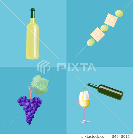 Wine Bottles, Ripe Grapes and Tasty Canape Set Wine Bottles, Ripe Grapes and Tasty Canape Set 84548015