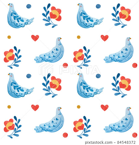Watercolor pattern with doves, hearts and flowers. Illustration painted in folk style. 84548372
