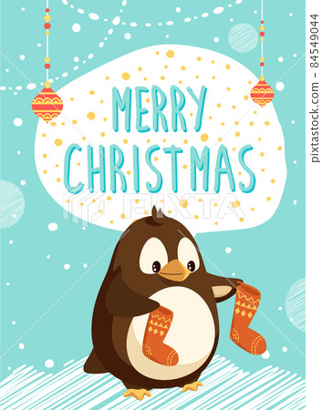 Merry Christmas Card, Penguin with Knitted Socks 84549044
