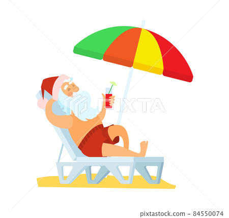 Santa Claus Lying on Sunbed Under Umbrella Vector Santa Claus Lying on Sunbed Under Umbrella Vector 84550074