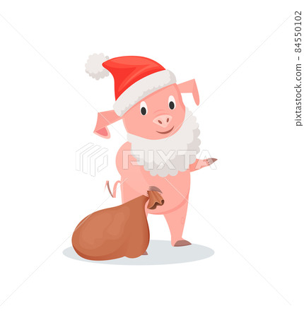 Pig in Santa Costume with Gifts Sack, New Year Pig in Santa Costume with Gifts Sack, New Year 84550102