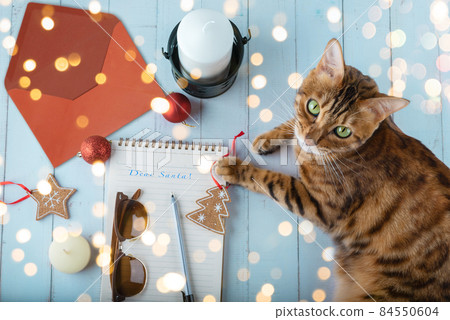 A letter to Santa Claus, an envelope, Christmas toys and a cat on a wooden table. 84550604