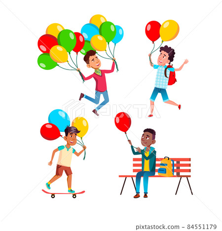 school kid boy with air balloon set vector 84551179