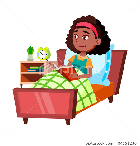 Schoolgirl Reading Book Story In Bedroom Vector Schoolgirl Reading Book Story In Bedroom Vector 84551236