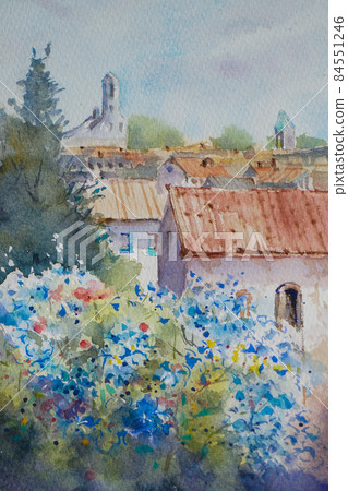 Watercolor landscape painting of Provence, a small village in France 84551246