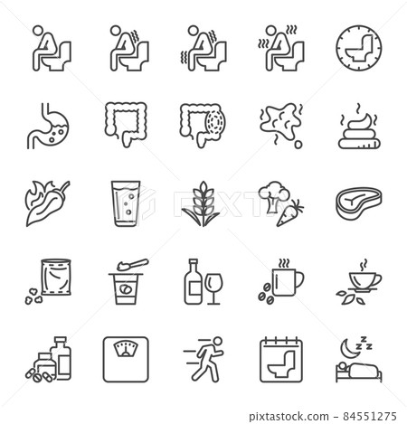 Cause, effect, and prevention of constipation or digestive system. Vector line icons 84551275