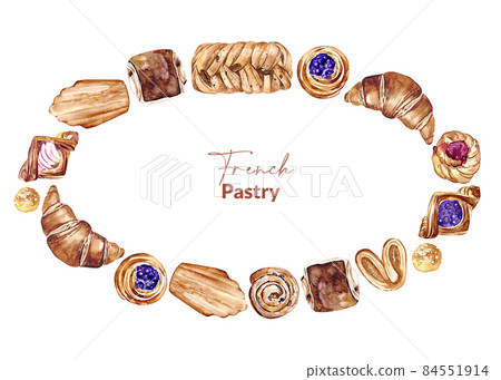 Frame of watercolor french pastry. Hand drawn border with bun, croissant, madeleine, bread. Template for bakery label, card, packaging. 84551914