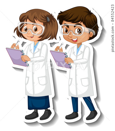 Scientist couple kids cartoon character sticker Scientist couple kids cartoon character sticker 84552423