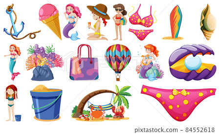 Set of summer beach objects and cartoon characters Set of summer beach objects and cartoon characters 84552618
