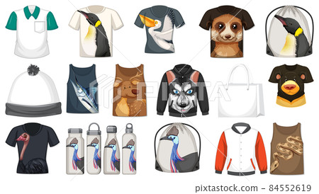 Set of different shirts and accessories with animal patterns Set of different shirts and accessories with animal patterns 84552619